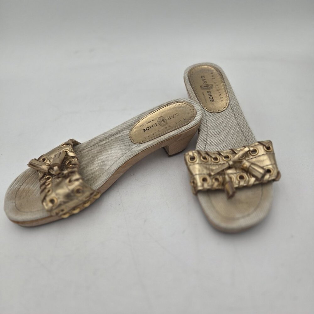 THE ORIGINAL CAR SHOE Gold Tassel Wooden Slip On Italy Womens 35 4.5 Leather